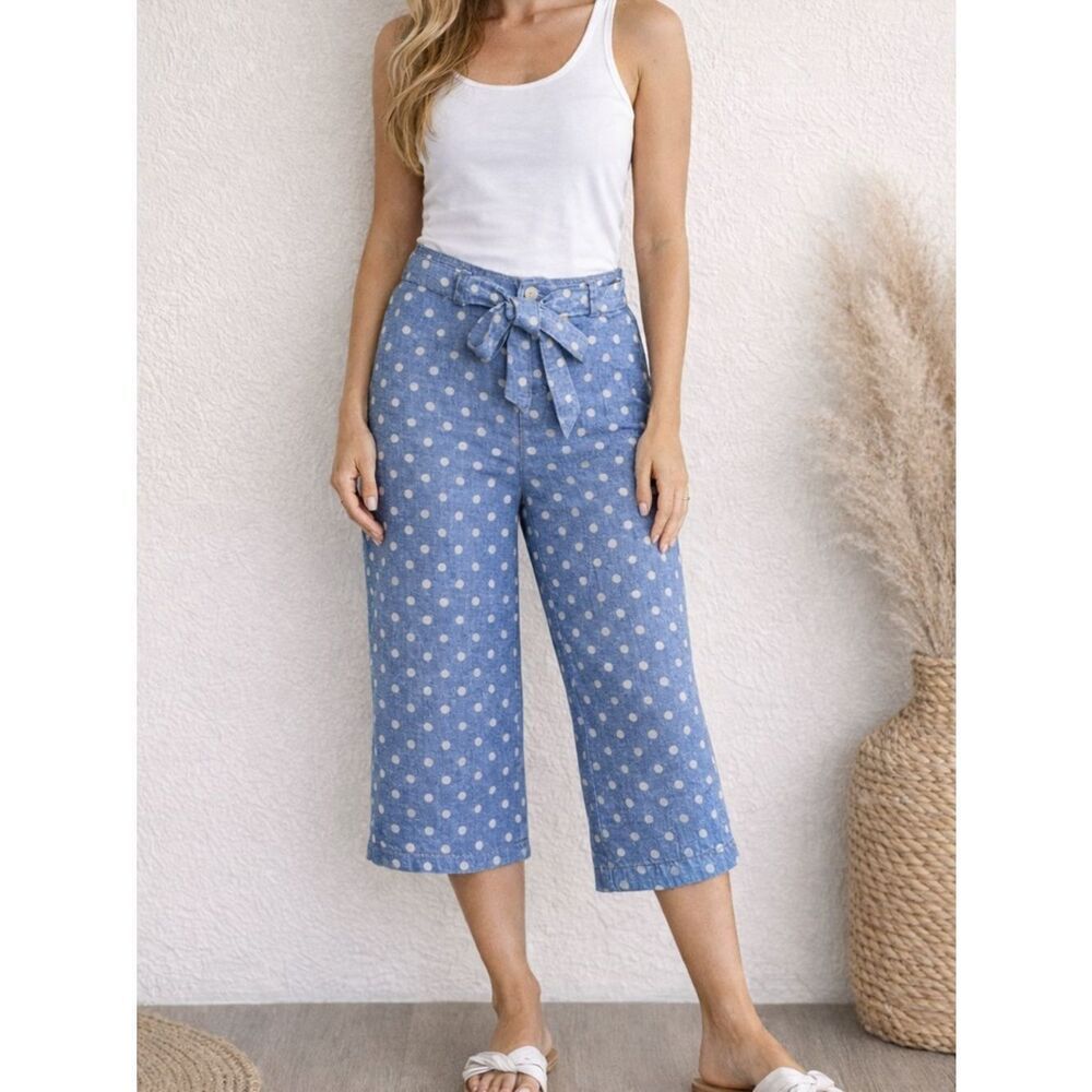 St. Tropez West Womens Blue Polka Dot Cropped Capri Pants Cotton Belted Sz M